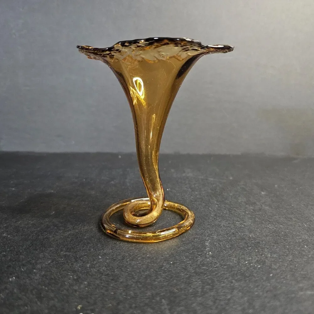 Vintage Hand Blown Trumpet Bud Vase Amber Art Glass Small Flower Vase 4